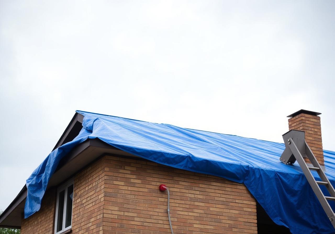 Emergency roof tarp installed after storm damage